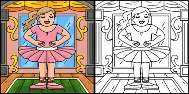 Bu renkli sayfa ilk pozisyonda bir balerin gösteriyor. Bu illüstrasyonun bir tarafı renkli ve çocuklar için bir ilham kaynağı..