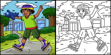 Bu boyama sayfasında Oyuncak ile Inline Paten Boy var. Bu illüstrasyonun bir tarafı renkli ve çocuklar için bir ilham kaynağı..