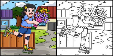 Bu boyama sayfasında çiçek buketi olan bir kadın patenci var. Bu illüstrasyonun bir tarafı renkli ve çocuklar için bir ilham kaynağı..