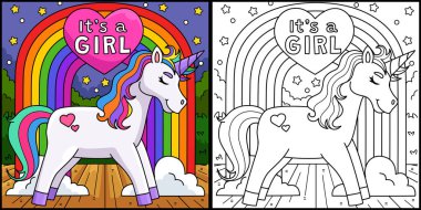 Bu boyama sayfasında Bebek Duşu var. Bu tek boynuzlu bir kız. Bu illüstrasyonun bir tarafı renkli ve çocuklar için bir ilham kaynağı..