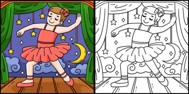 Bu renklendirme sayfası Balerin 'in başlangıç konuşmasını gösteriyor. Bu illüstrasyonun bir tarafı renkli ve çocuklar için bir ilham kaynağı..