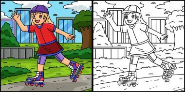 Bu boyama sayfasında Inline Paten Kızı var. Bu illüstrasyonun bir tarafı renkli ve çocuklar için bir ilham kaynağı..