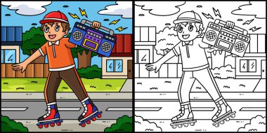 Bu boyama sayfasında Radyo Taşıyan İç Patenci var. Bu illüstrasyonun bir tarafı renkli ve çocuklar için bir ilham kaynağı..