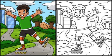Bu boyama sayfası Inline Skater Waving 'i gösteriyor. Bu illüstrasyonun bir tarafı renkli ve çocuklar için bir ilham kaynağı..