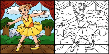 Bu renkli sayfada Tendu yapan bir balerin var. Bu illüstrasyonun bir tarafı renkli ve çocuklar için bir ilham kaynağı..