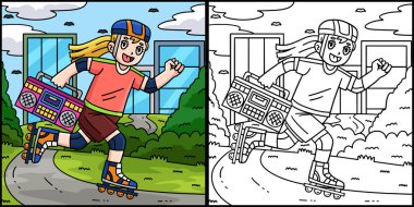 Bu renklendirme sayfasında Radyosu olan bir Kadın İç Patenci var. Bu illüstrasyonun bir tarafı renkli ve çocuklar için bir ilham kaynağı..