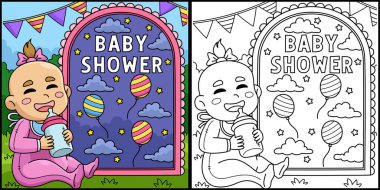 Bu boyama sayfasında Bebek Duşu Bebek İçen Süt var. Bu illüstrasyonun bir tarafı renkli ve çocuklar için bir ilham kaynağı..