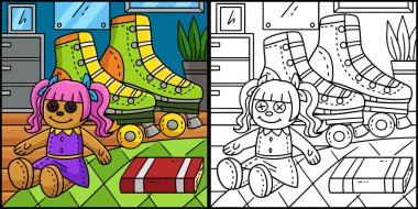 Bu boyama sayfasında bir Paten ve Bebek var. Bu illüstrasyonun bir tarafı renkli ve çocuklar için bir ilham kaynağı..