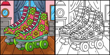 Bu renklendirme sayfasında çiçek izli patenler var. Bu illüstrasyonun bir tarafı renkli ve çocuklar için bir ilham kaynağı..