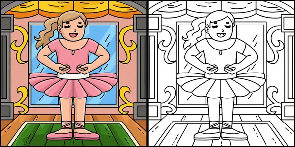 Bu renkli sayfa ilk pozisyonda bir balerin gösteriyor. Bu illüstrasyonun bir tarafı renkli ve çocuklar için bir ilham kaynağı..