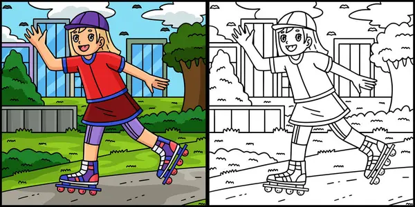 Bu boyama sayfasında Inline Paten Kızı var. Bu illüstrasyonun bir tarafı renkli ve çocuklar için bir ilham kaynağı..