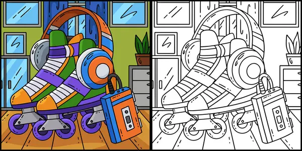Bu boyama sayfasında paten ve kulaklıklar var. Bu illüstrasyonun bir tarafı renkli ve çocuklar için bir ilham kaynağı..