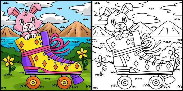 Bu boyama sayfasında paten kayan bir tavşan görünüyor. Bu illüstrasyonun bir tarafı renkli ve çocuklar için bir ilham kaynağı..