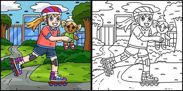 Bu renklendirme sayfasında Doll 'la Kadın Inline Paten Gösteriliyor. Bu illüstrasyonun bir tarafı renkli ve çocuklar için bir ilham kaynağı..