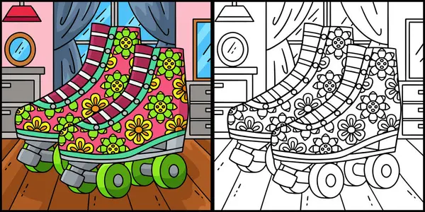 Bu renklendirme sayfasında çiçek izli patenler var. Bu illüstrasyonun bir tarafı renkli ve çocuklar için bir ilham kaynağı..