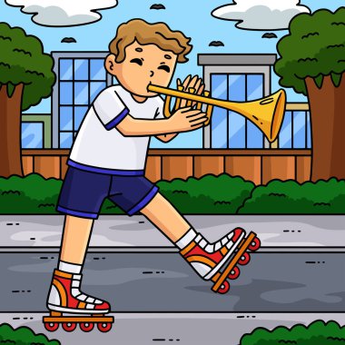 Bu karikatür, içinde trompet olan bir Inline Pkater 'ı gösteriyor.