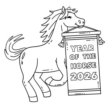 At Yılı 2026 'nın sevimli ve komik renkli sayfası. Çocuklar için saatlerce boyama eğlencesi sağlıyor. Renklendirmek için, bu sayfa çok kolaydır. Küçük çocuklar ve yeni yürümeye başlayanlar için uygun..