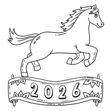 At Yılı 2026 'nın sevimli ve komik renkli sayfası. Çocuklar için saatlerce boyama eğlencesi sağlıyor. Renklendirmek için, bu sayfa çok kolaydır. Küçük çocuklar ve yeni yürümeye başlayanlar için uygun..