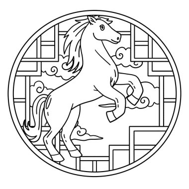 At Yılı 2026 dairesel penceresinin sevimli ve komik renkli bir sayfası. Çocuklar için saatlerce boyama eğlencesi sağlıyor. Renklendirmek için, bu sayfa çok kolaydır. Küçük çocuklar ve yeni yürümeye başlayanlar için uygun..