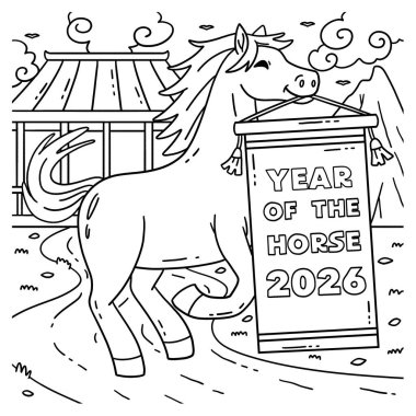 At Yılı 2026 'nın sevimli ve komik renkli sayfası. Çocuklar için saatlerce boyama eğlencesi sağlıyor. Renklendirmek için, bu sayfa çok kolaydır. Küçük çocuklar ve yeni yürümeye başlayanlar için uygun..