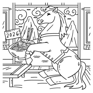 At Yılı 2026 'nın sevimli ve komik renkli bir sayfası. Yanında da bir kase erişte. Çocuklar için saatlerce boyama eğlencesi sağlıyor. Renklendirmek için, bu sayfa çok kolaydır. Küçük çocuklar ve yeni yürümeye başlayanlar için uygun..