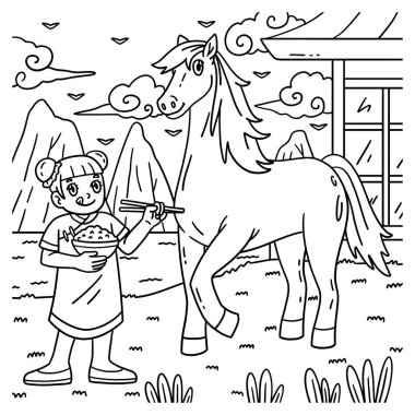 At Yılı 'nın sevimli ve komik bir renkli sayfası. Kız ve At 2026. Çocuklar için saatlerce boyama eğlencesi sağlıyor. Renklendirmek için, bu sayfa çok kolaydır. Küçük çocuklar ve yeni yürümeye başlayanlar için uygun..