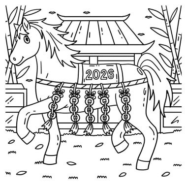 At Yılı 2026 ve Feng Shui 'nin sevimli ve komik renkli sayfası. Çocuklar için saatlerce boyama eğlencesi sağlıyor. Renklendirmek için, bu sayfa çok kolaydır. Küçük çocuklar ve yeni yürümeye başlayanlar için uygun..