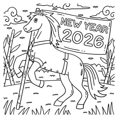 Yeni Yıl Bayrağı ile birlikte At Yılı 'nın sevimli ve komik renkli sayfası. Çocuklar için saatlerce boyama eğlencesi sağlıyor. Renklendirmek için, bu sayfa çok kolaydır. Küçük çocuklar ve yeni yürümeye başlayanlar için uygun..