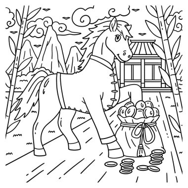 Para Çantası ile At Yılı 2026 'nın sevimli ve komik renkli sayfası. Çocuklar için saatlerce boyama eğlencesi sağlıyor. Renklendirmek için, bu sayfa çok kolaydır. Küçük çocuklar ve yeni yürümeye başlayanlar için uygun..