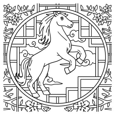 At Yılı 2026 ve Dairesel Pencere 'nin sevimli ve komik renkli sayfası. Çocuklar için saatlerce boyama eğlencesi sağlıyor. Renklendirmek için, bu sayfa çok kolaydır. Küçük çocuklar ve yeni yürümeye başlayanlar için uygun..