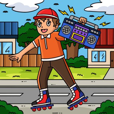 Bu karikatür klibinde bir Radyo illüstrasyonu taşıyan bir Inline Skater var.