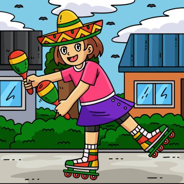 Bu karikatür klipinde Maracas Illustrasyon Oynayan Kadın İnline Paten Gösteriliyor