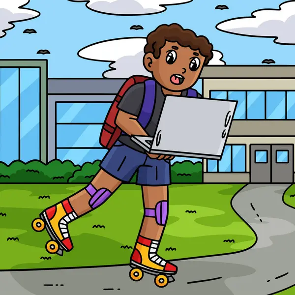 Bu karikatür, dizüstü bilgisayarlı bir patenci çocuğu gösteriyor.