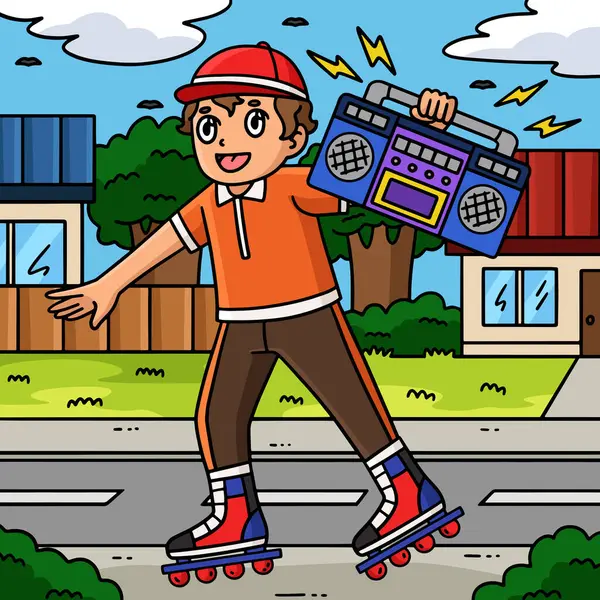 Bu karikatür klibinde bir Radyo illüstrasyonu taşıyan bir Inline Skater var.