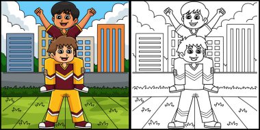 Bu boyama sayfasında ponpon kızların ponpon kızlarından birinin omuz oturuşu var. Bu illüstrasyonun bir tarafı renkli ve çocuklar için bir ilham kaynağı.. 