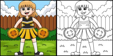 Bu boyama sayfasında amigo kızların ponpon kızlarını tutan bir ponpon kız var. Bu illüstrasyonun bir tarafı renkli ve çocuklar için bir ilham kaynağı.. 