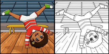 Bu boyama sayfasında amigo kızların amigo kızlarından birinin takla attığı görülüyor. Bu illüstrasyonun bir tarafı renkli ve çocuklar için bir ilham kaynağı.. 