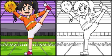 Bu boyama sayfasında ponpon kızların ponpon kızların topuk germe hareketi var. Bu illüstrasyonun bir tarafı renkli ve çocuklar için bir ilham kaynağı.. 