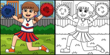 Bu boyama sayfasında amigo kızların dizlerinin üstüne çöktüğü bir ponpon kız var. Bu illüstrasyonun bir tarafı renkli ve çocuklar için bir ilham kaynağı.. 