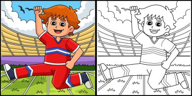 Bu boyama sayfasında ponpon kızların erkek atlamasıyla ilgili bir yazı var. Bu illüstrasyonun bir tarafı renkli ve çocuklar için bir ilham kaynağı.. 