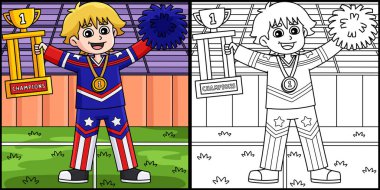 Bu boyama sayfasında amigo kızların ponpon kızlarının kupa tutuşu var. Bu illüstrasyonun bir tarafı renkli ve çocuklar için bir ilham kaynağı.. 