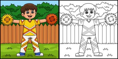 Bu boyama sayfasında amigo kızların ponpon kızların T poziyonu var. Bu illüstrasyonun bir tarafı renkli ve çocuklar için bir ilham kaynağı.. 