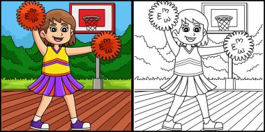 Bu renklendirme sayfası, ponpon kızların ponpon kızlarının L pozisyonunda olduklarını gösteriyor. Bu illüstrasyonun bir tarafı renkli ve çocuklar için bir ilham kaynağı.. 