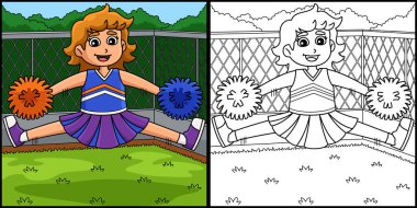 Bu boyama sayfasında ponpon kızların ponpon kızlarından birinin parmak uçlarına dokunuşu var. Bu illüstrasyonun bir tarafı renkli ve çocuklar için bir ilham kaynağı.. 