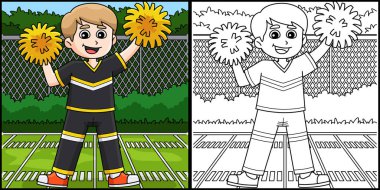 Bu boyama sayfasında ponpon kızların erkek golü var. Bu illüstrasyonun bir tarafı renkli ve çocuklar için bir ilham kaynağı.. 