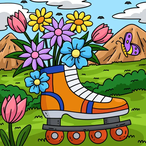 Bu karikatür, filizlenen çiçeklerle Inline patenlerini gösteriyor.