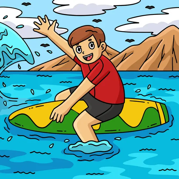 Bu karikatür, sörf tahtasında oturan sörfçü çocuğu gösteriyor.