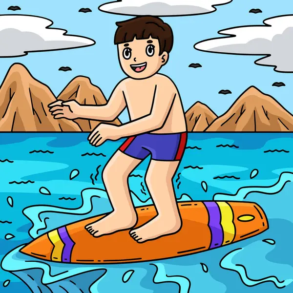 Bu karikatür, sörf tahtasında dengede duran bir sörfçü çocuğu gösteriyor.