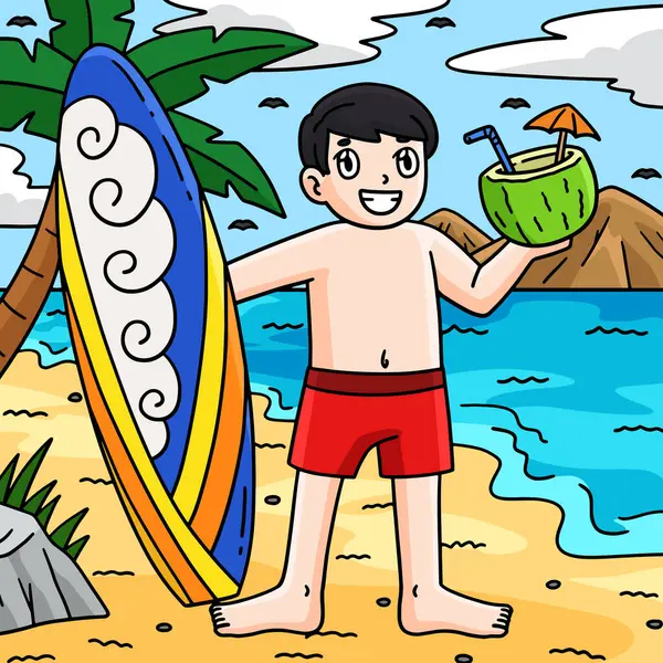 Bu karikatür, sörf tahtası ve tropikal içecek illüstrasyonuyla bir sörfçü çocuğu gösteriyor.