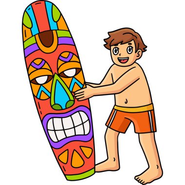 Bu karikatür Tiki sörf tahtası resimli bir sörfçü çocuğu gösteriyor.